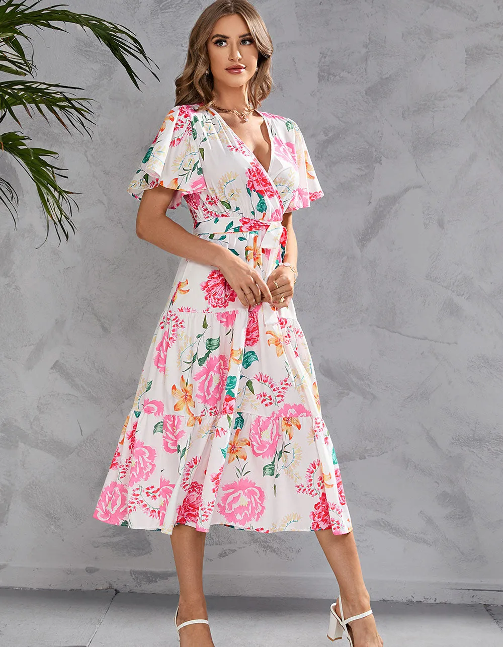 Floral Printed V Neck Short Sleeve Long A-Line Dresses