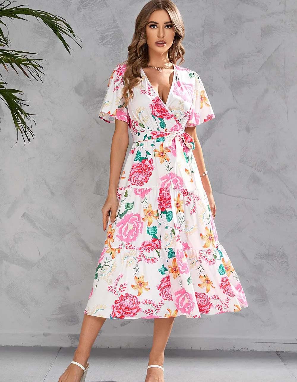 Floral Printed V Neck Short Sleeve Long A-Line Dresses