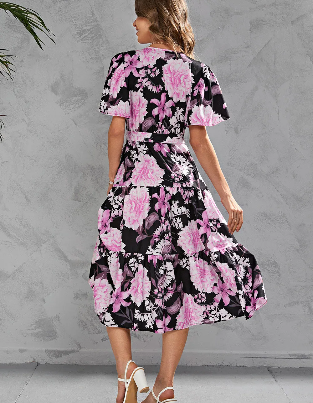 Floral Printed V Neck Short Sleeve Long A-Line Dresses