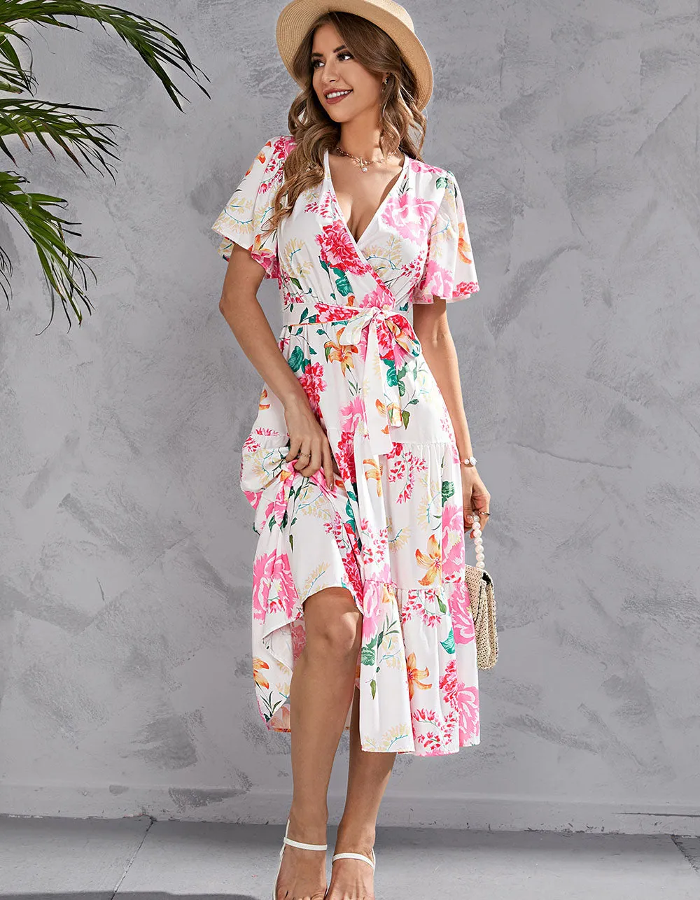 Floral Printed V Neck Short Sleeve Long A-Line Dresses