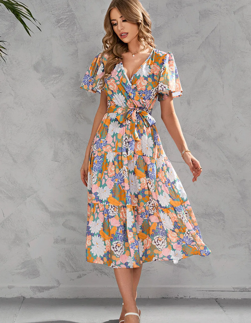 Floral Printed V Neck Short Sleeve Long A-Line Dresses