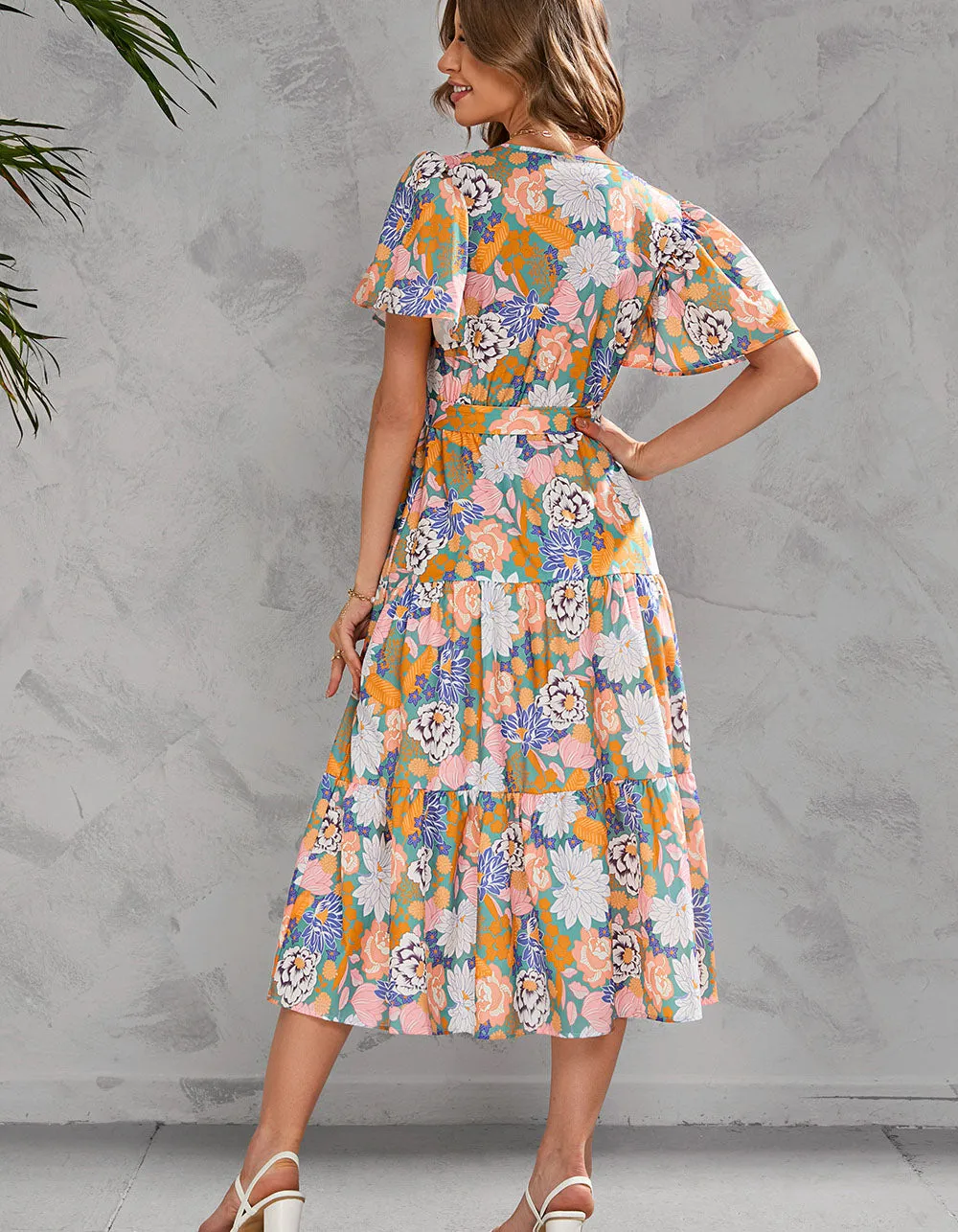 Floral Printed V Neck Short Sleeve Long A-Line Dresses