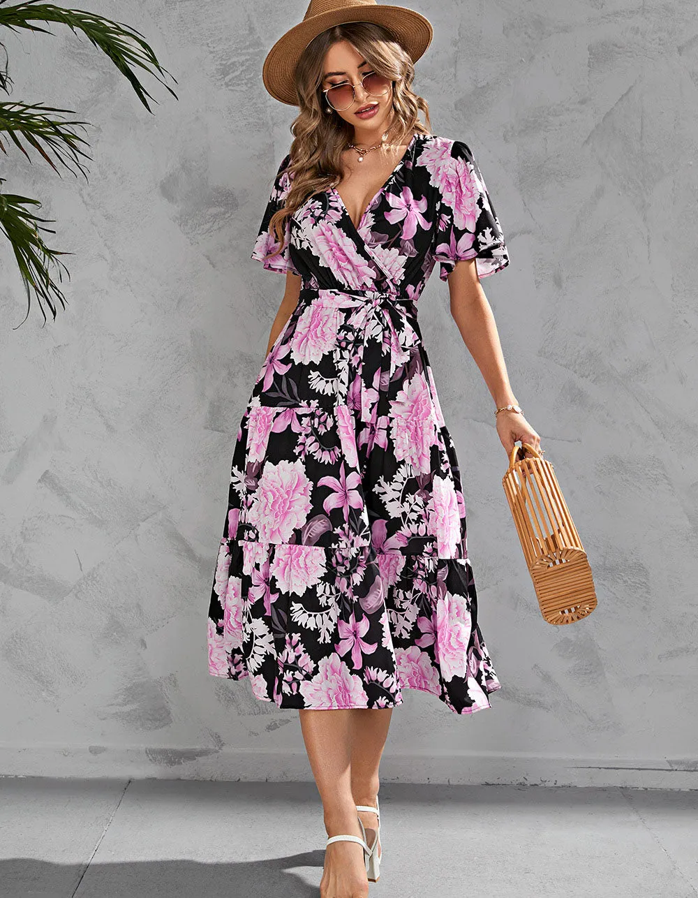 Floral Printed V Neck Short Sleeve Long A-Line Dresses