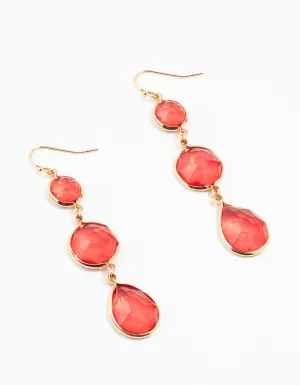 Gold 3 Red Drop Diamante Earrings