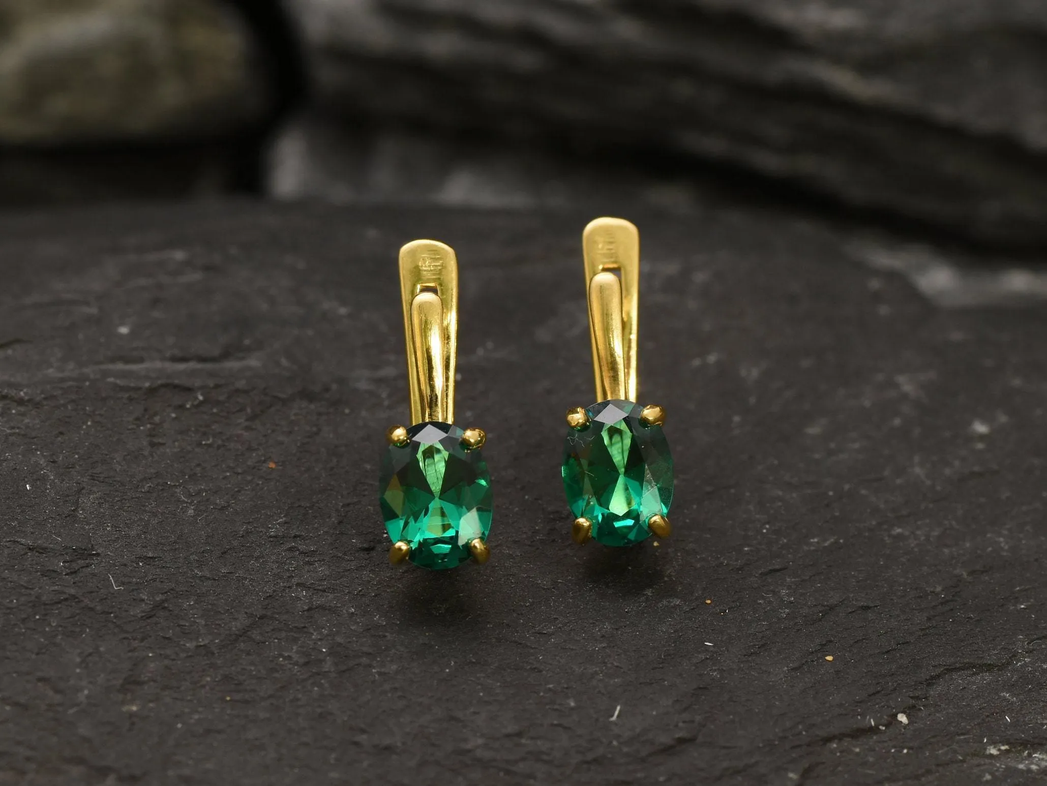 Gold Emerald Earrings - Green Oval Earrings, Minimalist Emerald Earrings