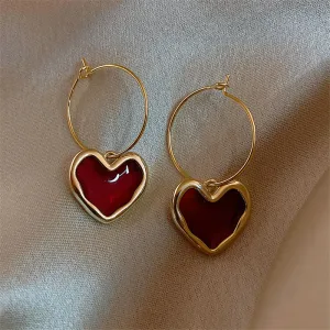 Gold Heart Hoop Earrings with Red Enamel jlt11627