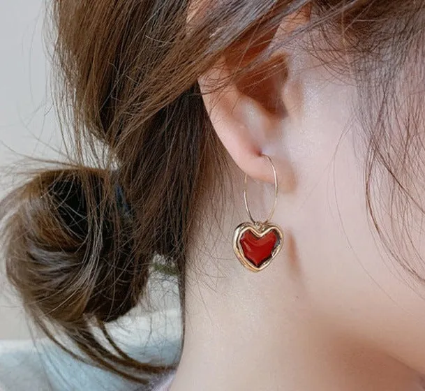 Gold Heart Hoop Earrings with Red Enamel jlt11627