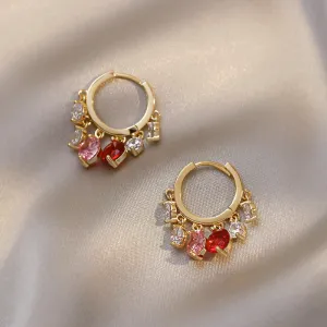 Gold Hoop Earrings with Pink and Red Gemstone Charms jlt11534