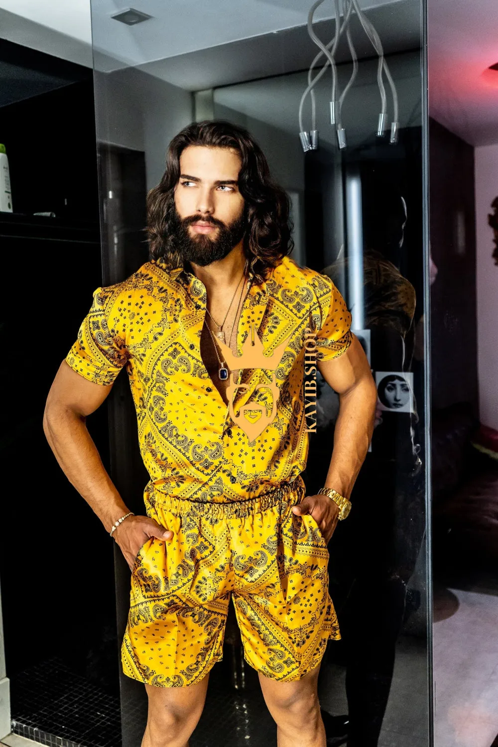 Gold Luxurious Barocco Print Set - The Ultimate Summer Silk Outfit for Men