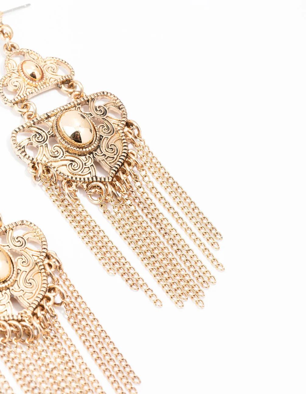 Gold Patterned Tassel Drop Earrings