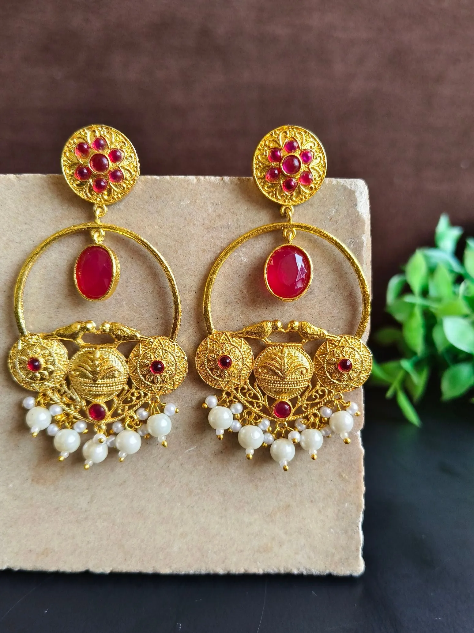 Gold-Plated Dangler Earrings with Jade Stones, Bird Design & Pearls | Sarichka