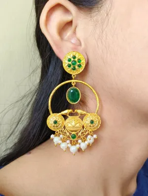 Gold-Plated Dangler Earrings with Jade Stones, Bird Design & Pearls | Sarichka