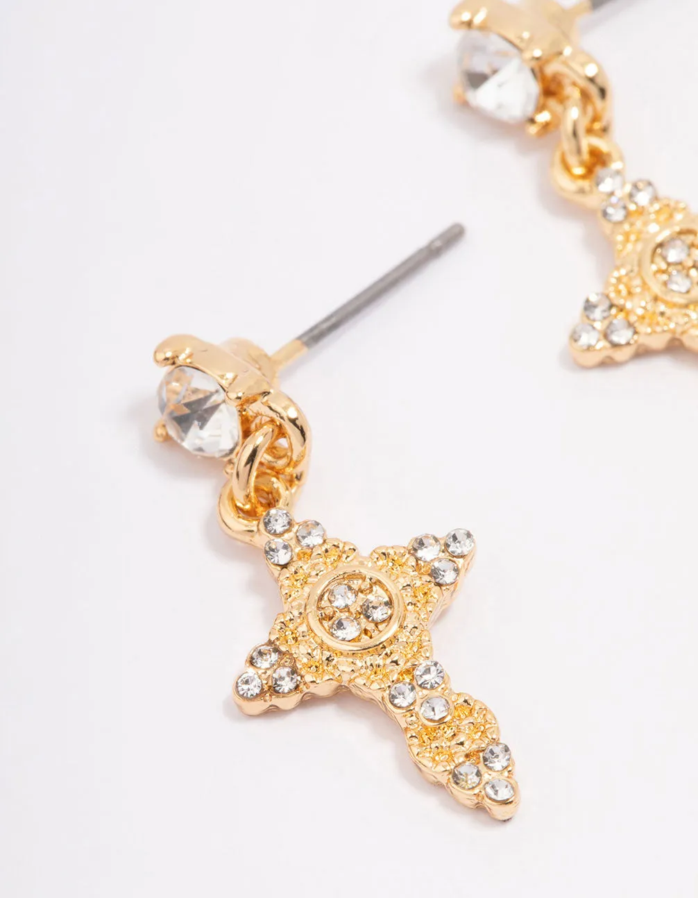 Gold Plated Diamante Cross Drop Earrings