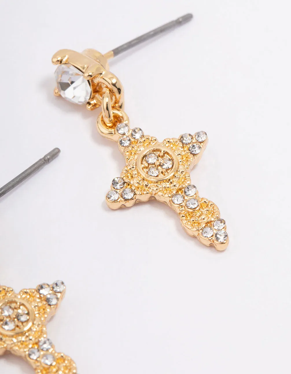 Gold Plated Diamante Cross Drop Earrings