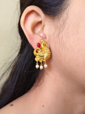 Gold-Plated Earrings with Stones, Pearls & Peacock Shape Design | Sarichka