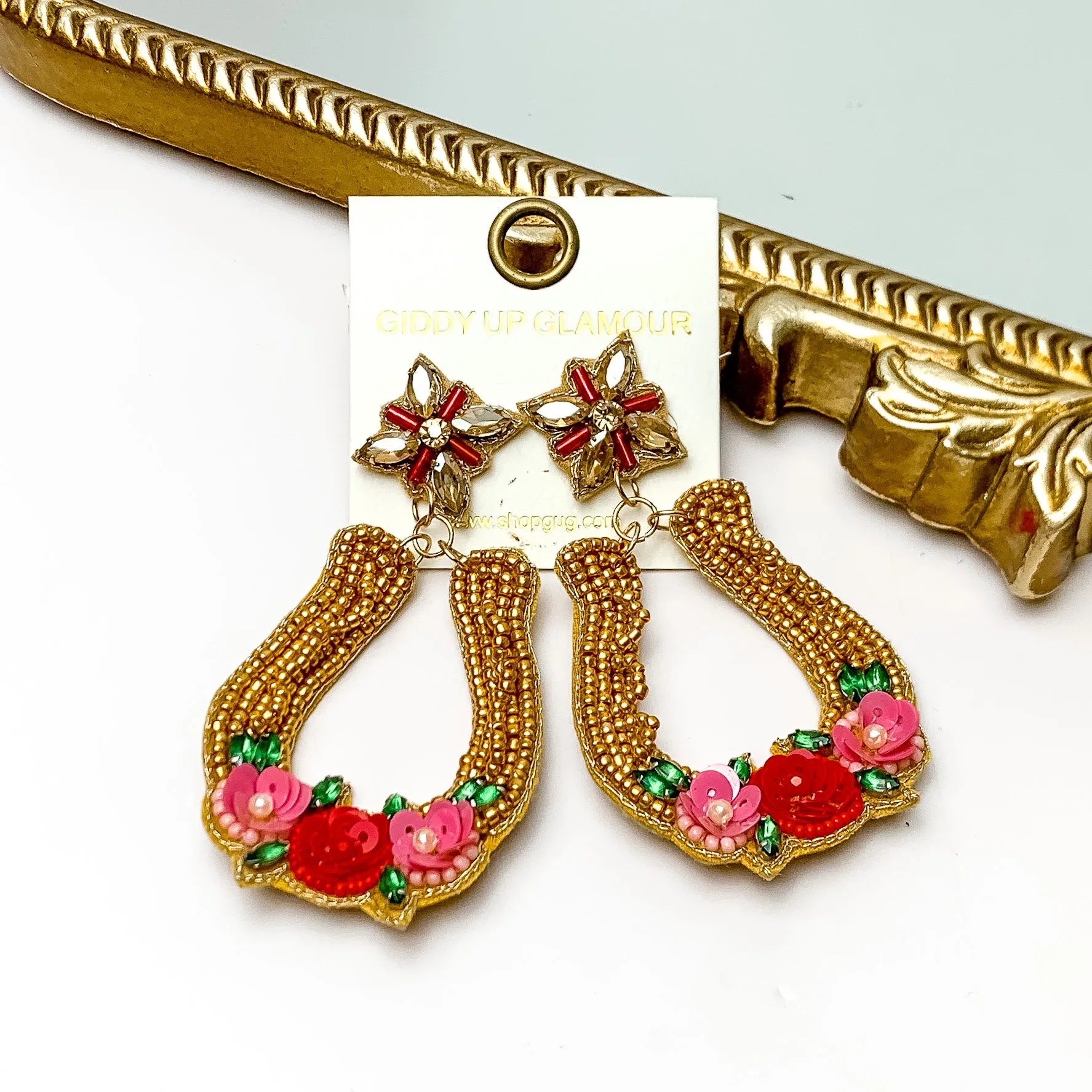 Gold Tone Horseshoe Beaded Earrings With Pink Flower Detailing