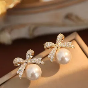 Golden Bow Pearl Earrings