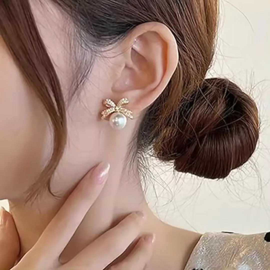 Golden Bow Pearl Earrings