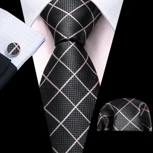 Gray and White Checkered Tie, Pocket Square, and Cufflinks Set