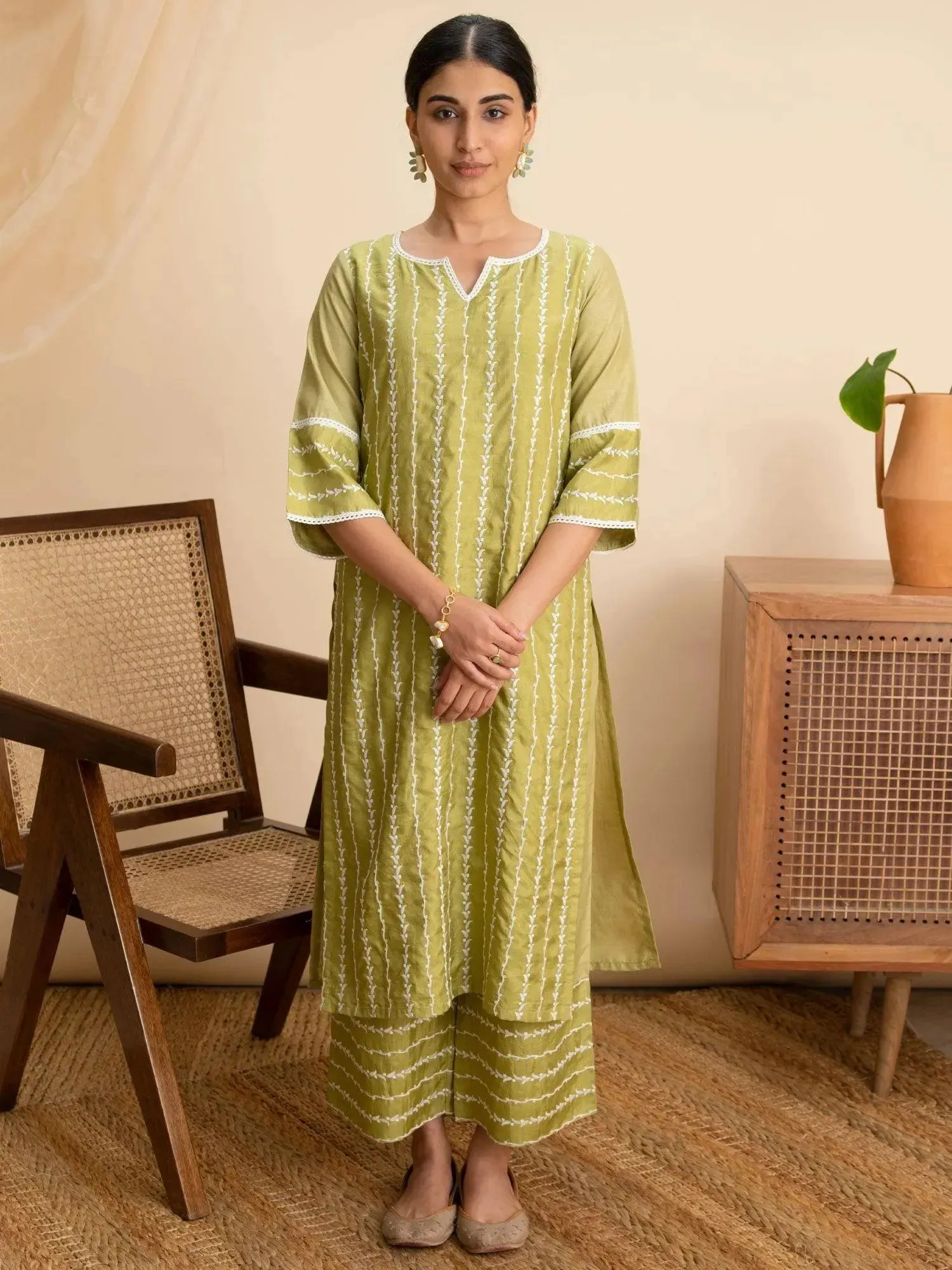 Green Embroidered Silk Kurta