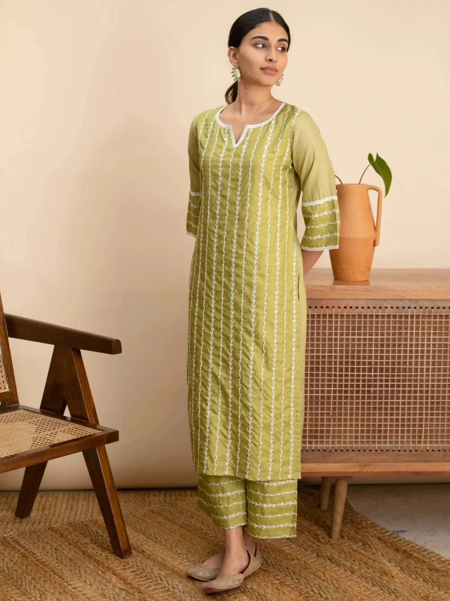 Green Embroidered Silk Kurta