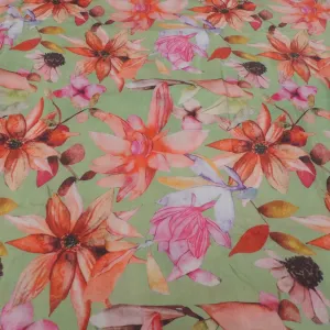 Green Floral Digital Print On Muslin Fabric