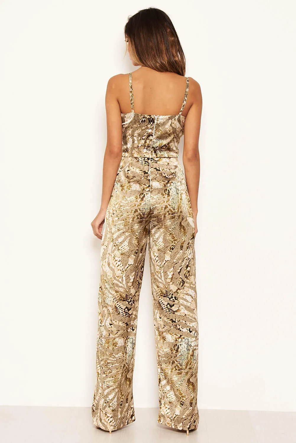 Grey Printed Satin Flared Leg Jumpsuit