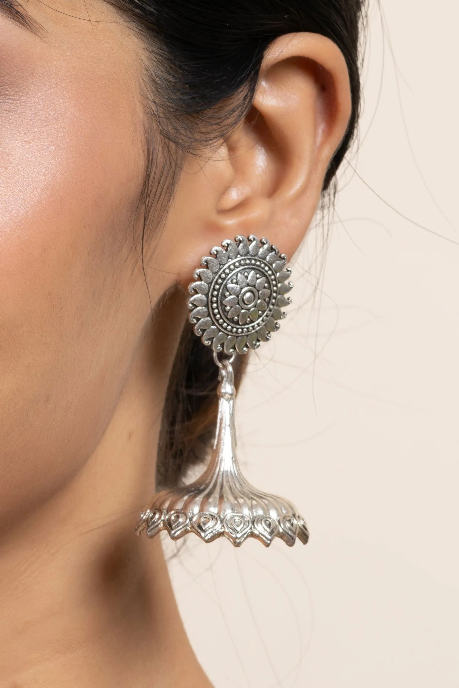 Handmade German Silver Floral Stud Jhumka Earrings - Oxidized Finish, Lightweight & Elegant Design