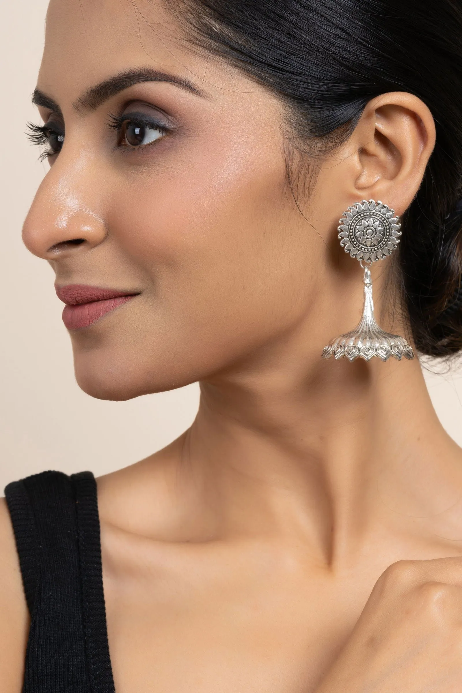 Handmade German Silver Floral Stud Jhumka Earrings - Oxidized Finish, Lightweight & Elegant Design