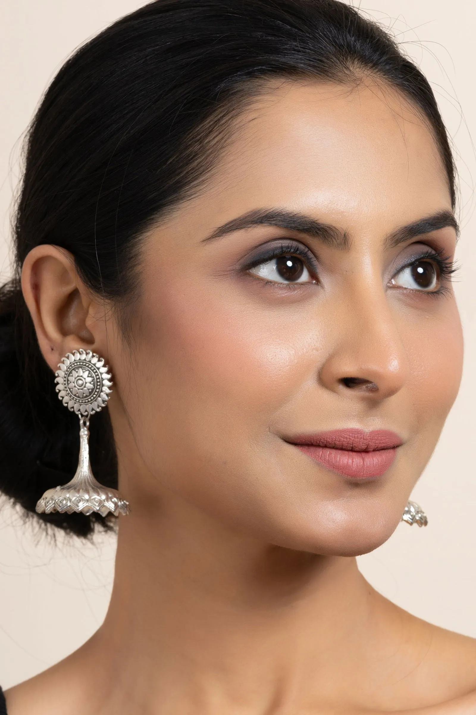 Handmade German Silver Floral Stud Jhumka Earrings - Oxidized Finish, Lightweight & Elegant Design