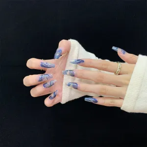 Handmade Mid-Length Blue Nail Art - Elegant White Detachable Nail Patches