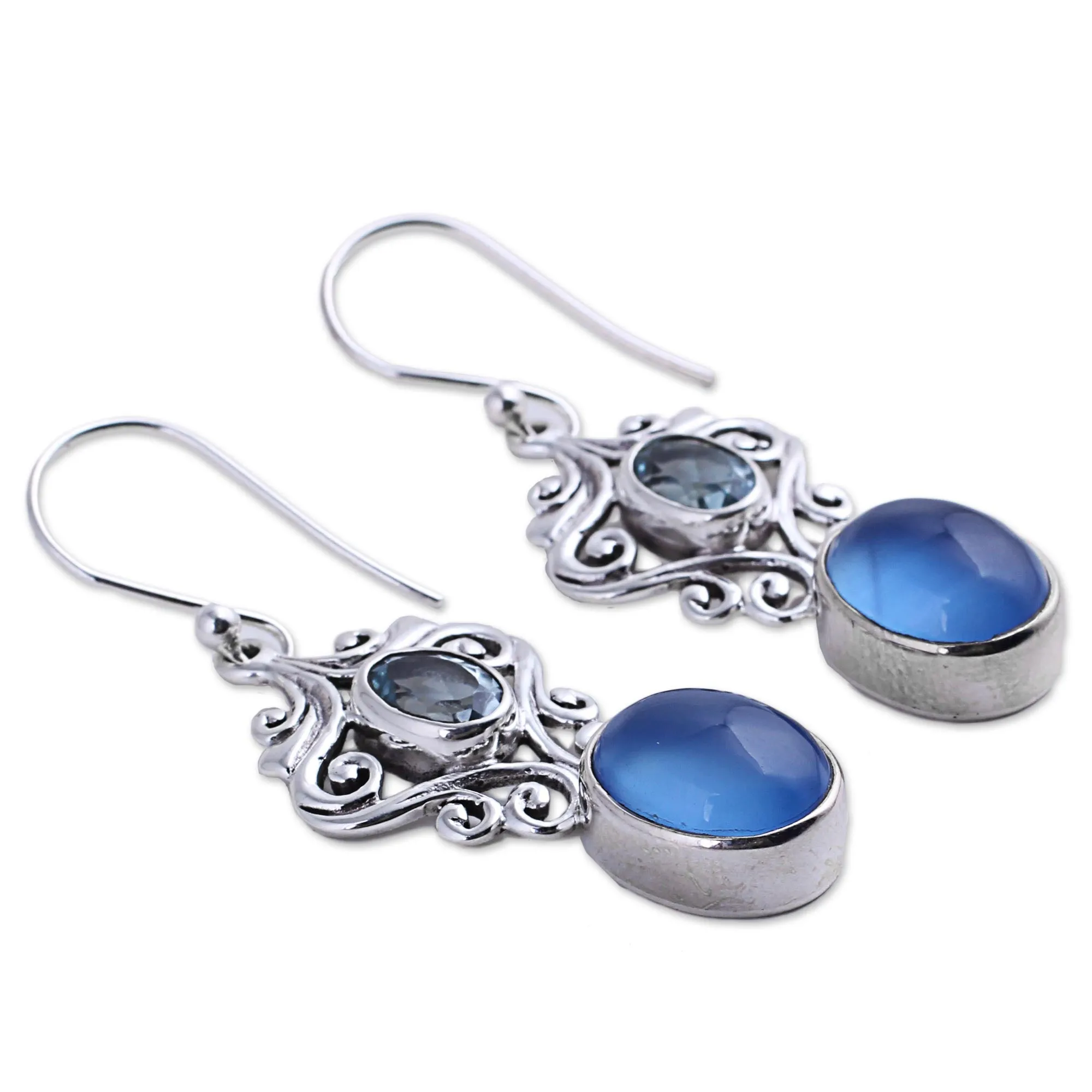 Harmonious Blue Handcrafted Blue Chalcedony and Topaz Dangle Earrings