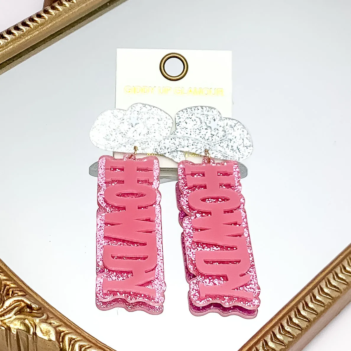 HOWDY Earrings with Silver Tone Cowboy Hat Post in Pink