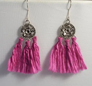 Hypoallergenic Silver Tone Metal Earrings with Flower & Pink Tassels on Fish Hook Earrings.