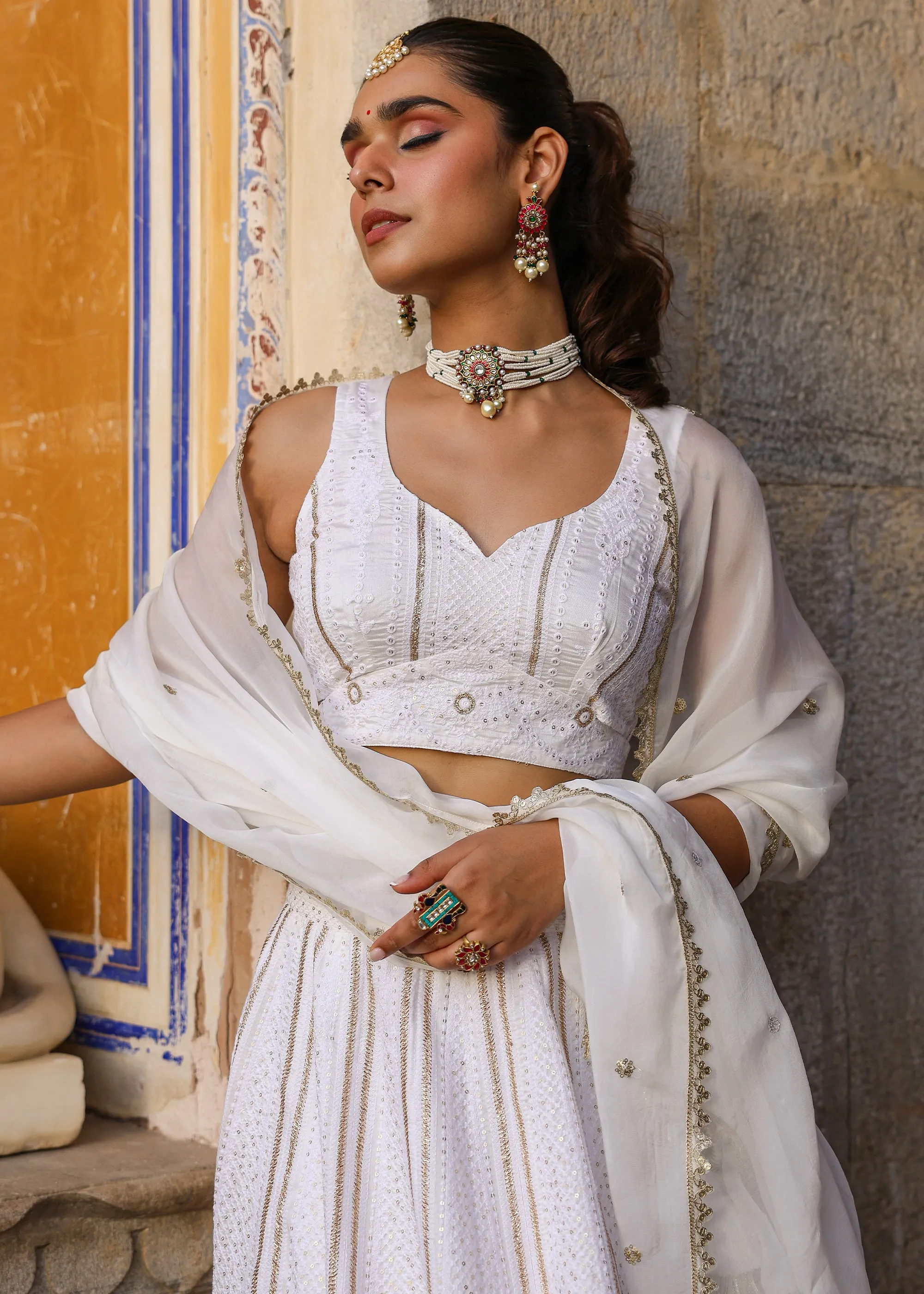 Ishika White Lucknowi Embroidered Lehenga Set