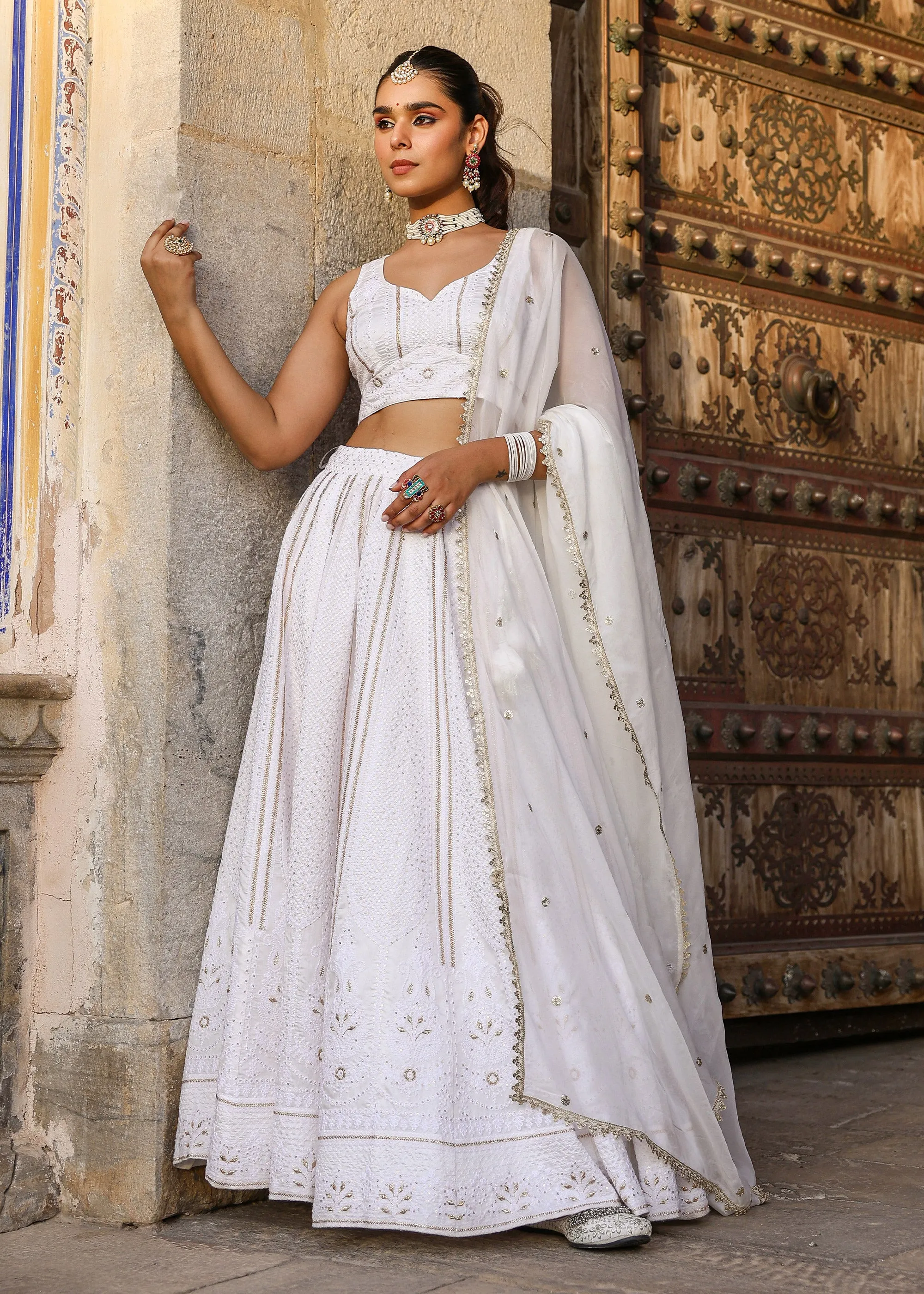 Ishika White Lucknowi Embroidered Lehenga Set