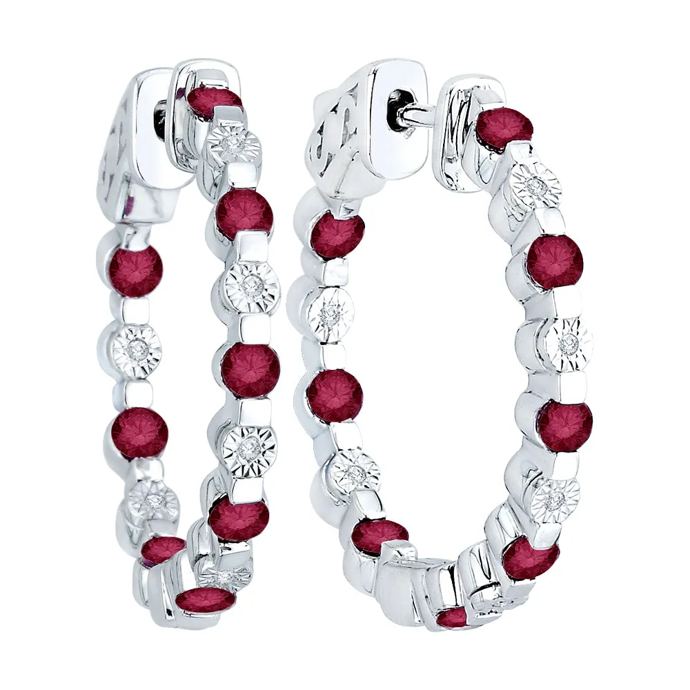 KATARINA 1/20 cttw Diamond with Ruby "In and Out" Hoop Earrings