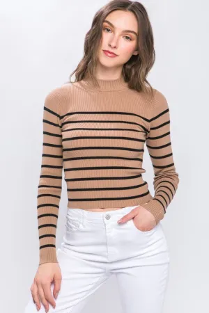 Khaki Mock Neck Ribbed Striped Long Sleeve Sweater Top