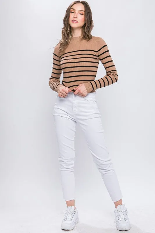 Khaki Mock Neck Ribbed Striped Long Sleeve Sweater Top