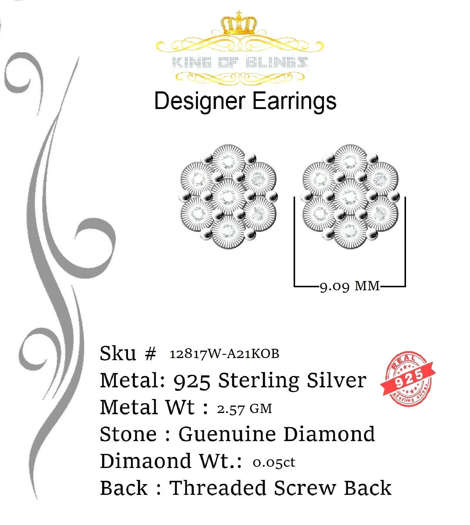 King Of Bling's 0.05ct Diamond 925 Sterling Silver White Floral Style Earrings For Men / Women