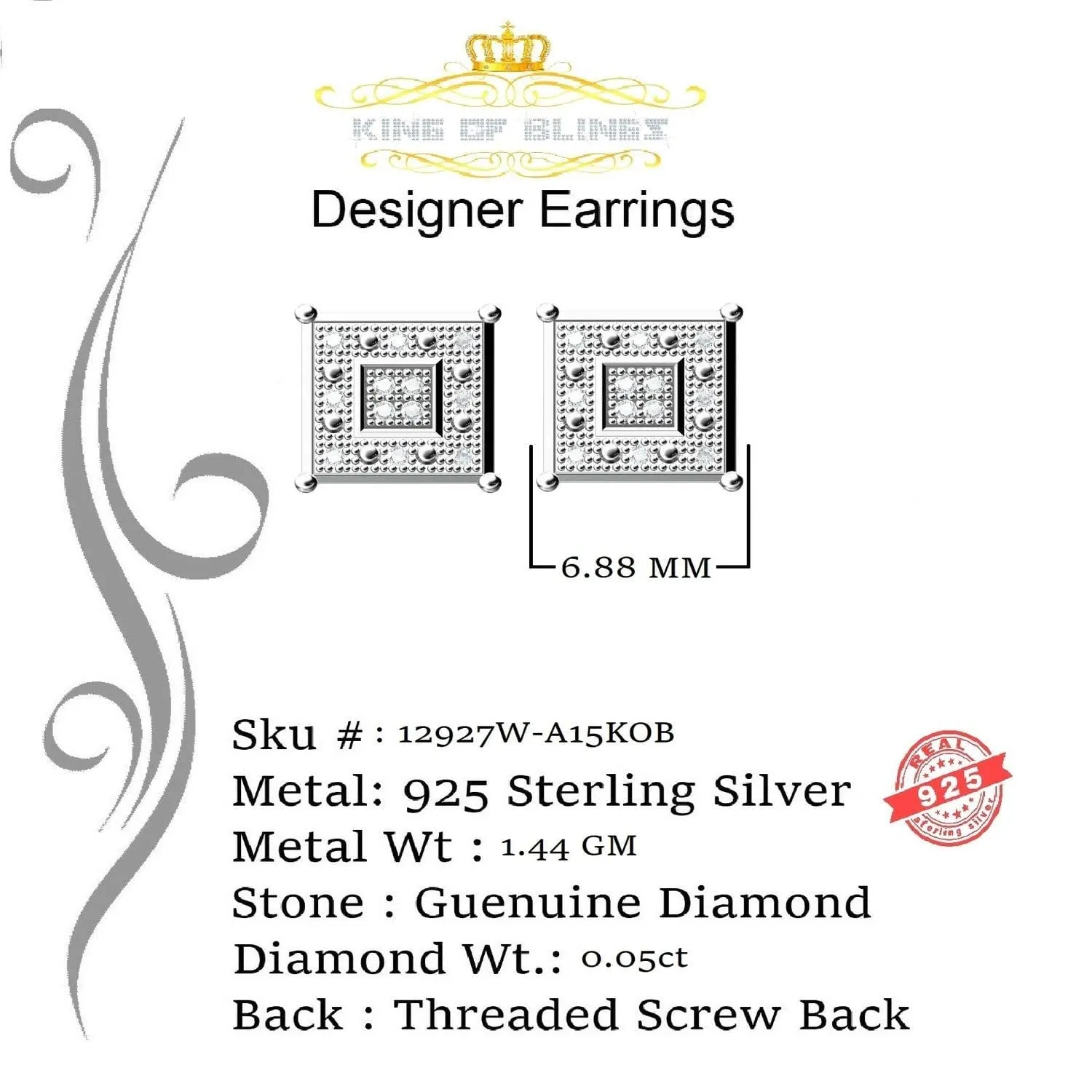 King Of Bling's 0.05ct Diamond 925 Sterling Silver White Stud Women's & Men's Square Earrings