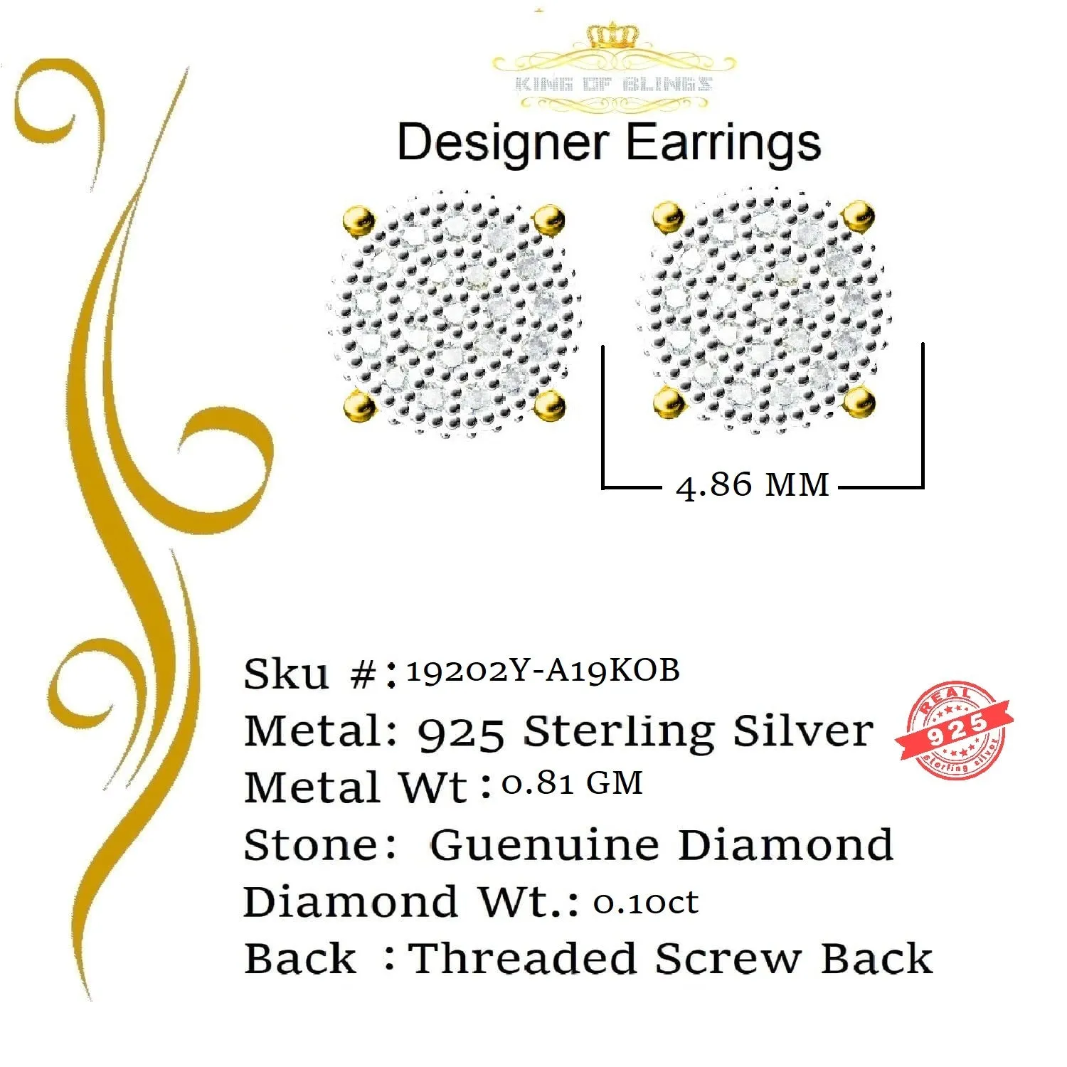 King of Blings-0.10ct Diamond 925 Sterling Silver Round Yellow Stud Earrings For Mens & Womens