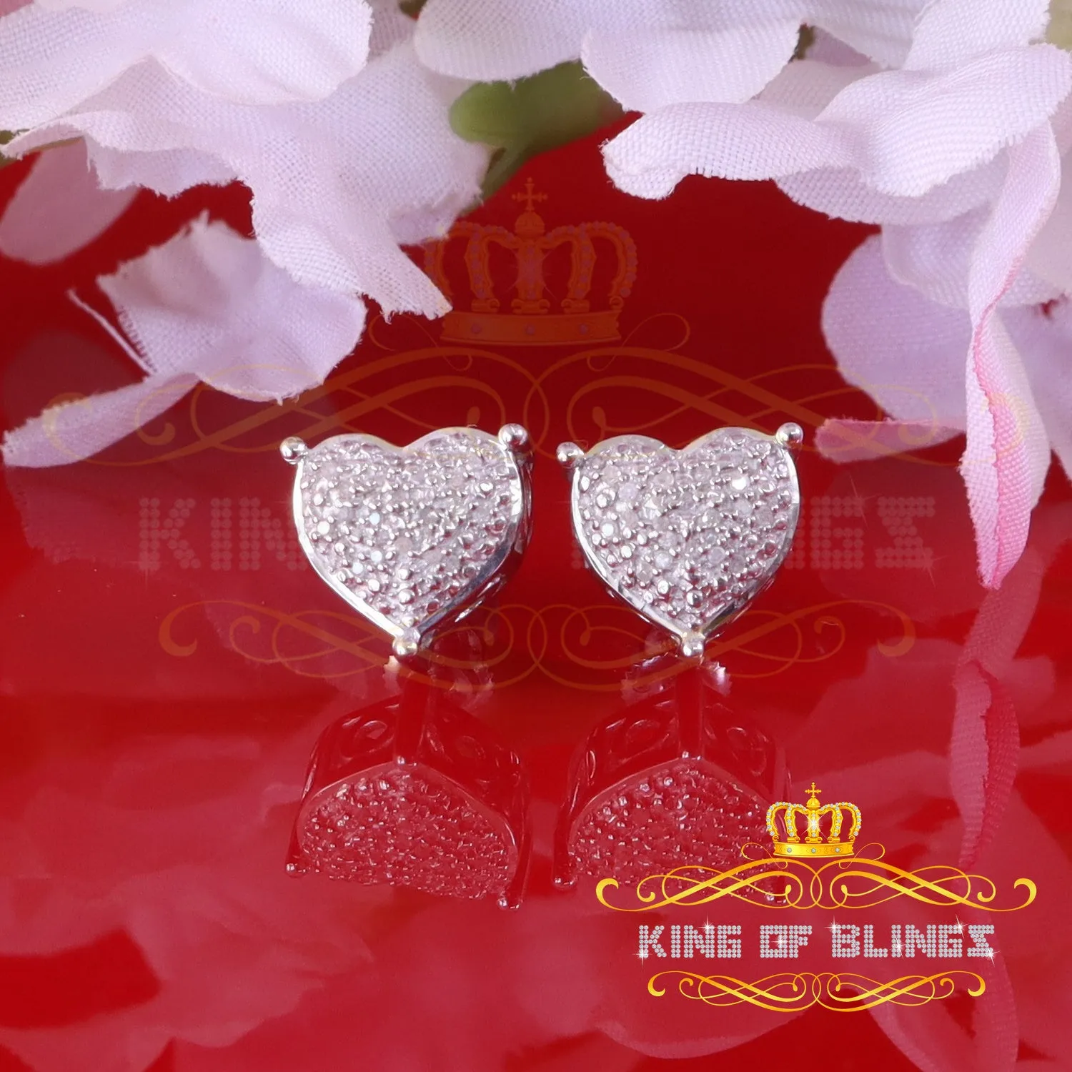 King Of Bling's 0.10ct Diamond 925 White Silver for Men's & Womens Heart Cluster Stud Earrings