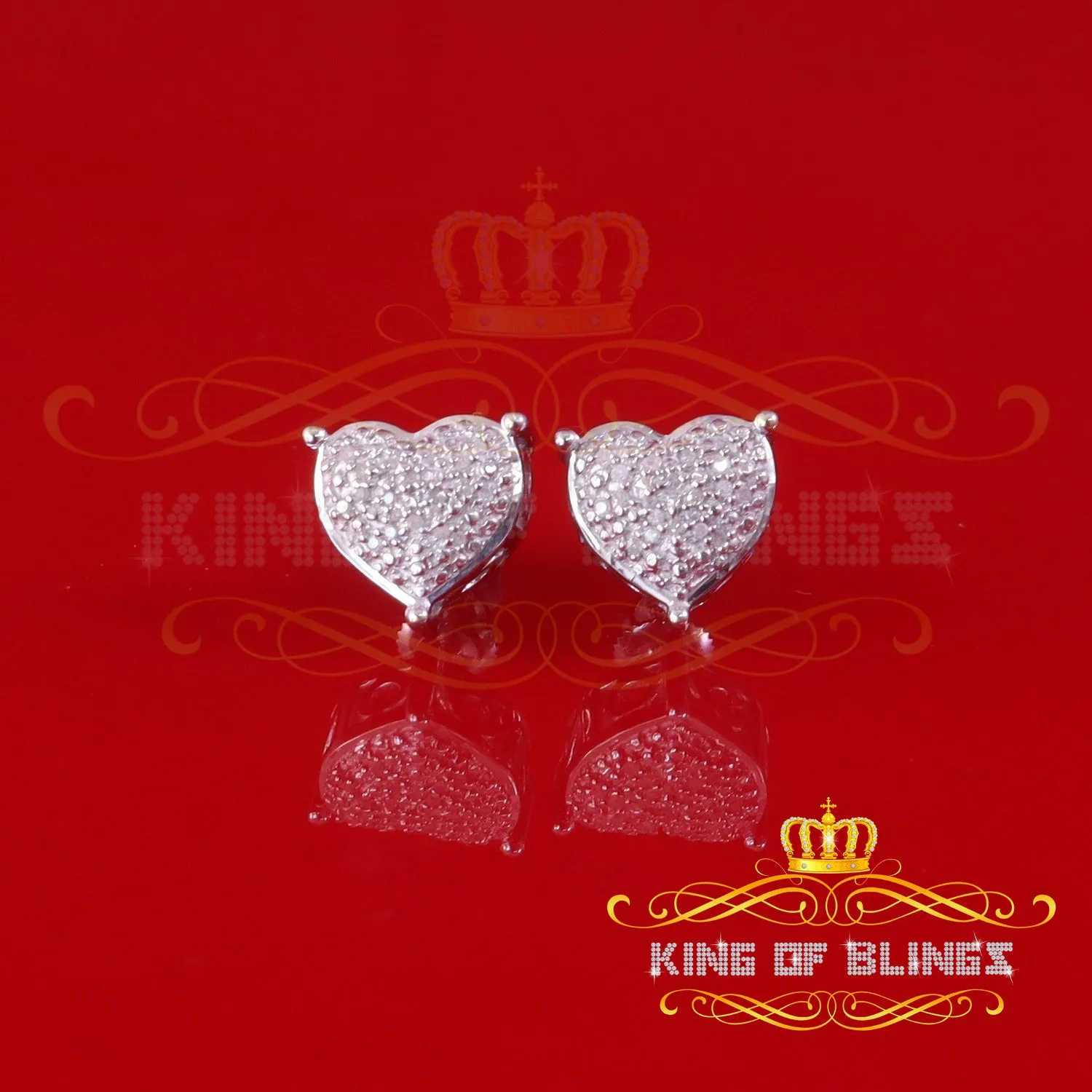 King Of Bling's 0.10ct Diamond 925 White Silver for Men's & Womens Heart Cluster Stud Earrings