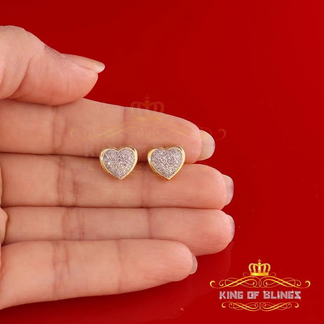 King of Blings-0.33ct Micro Pave 925 Yellow Silver Diamond Heart Earring For Men's / Women's