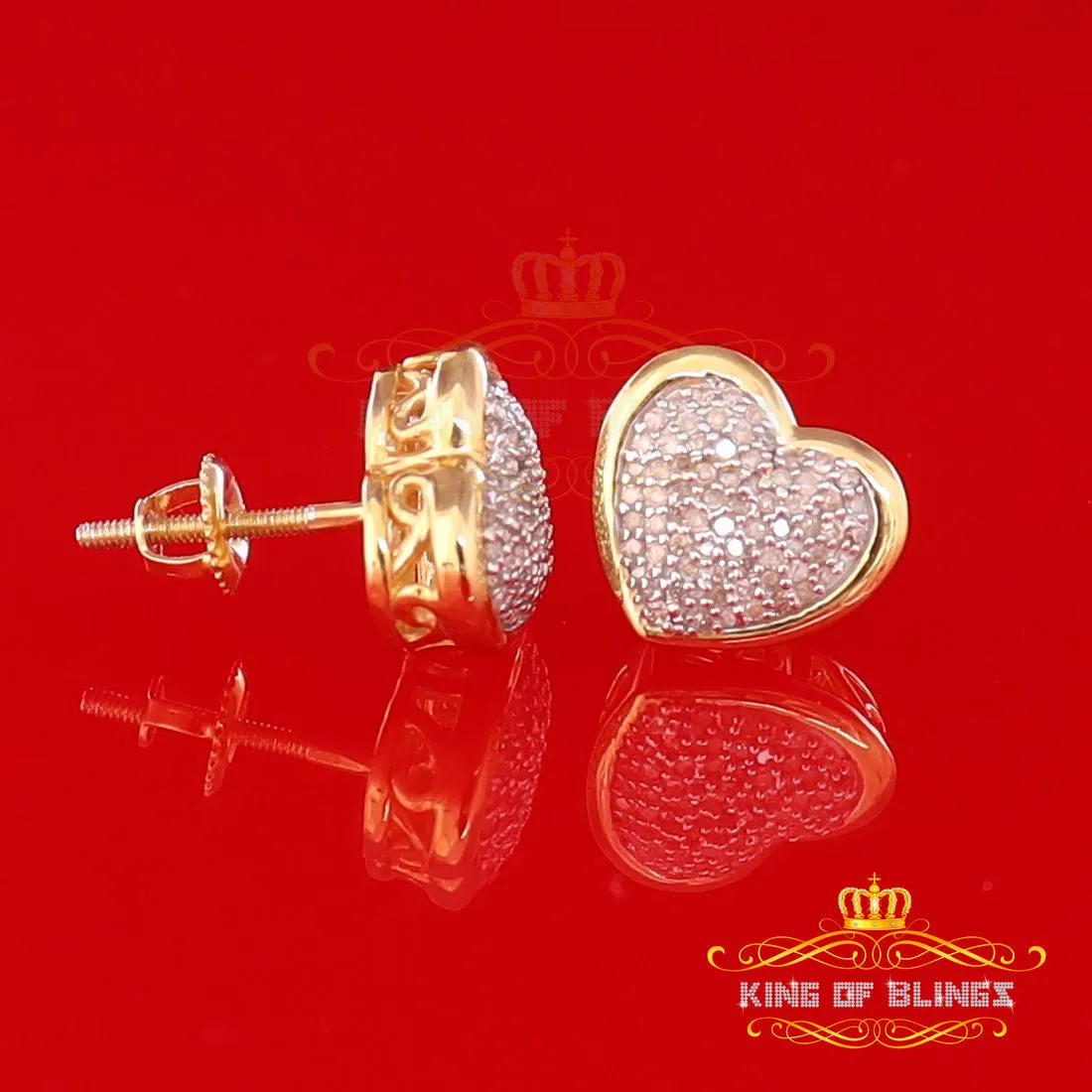 King of Blings-0.33ct Micro Pave 925 Yellow Silver Diamond Heart Earring For Men's / Women's