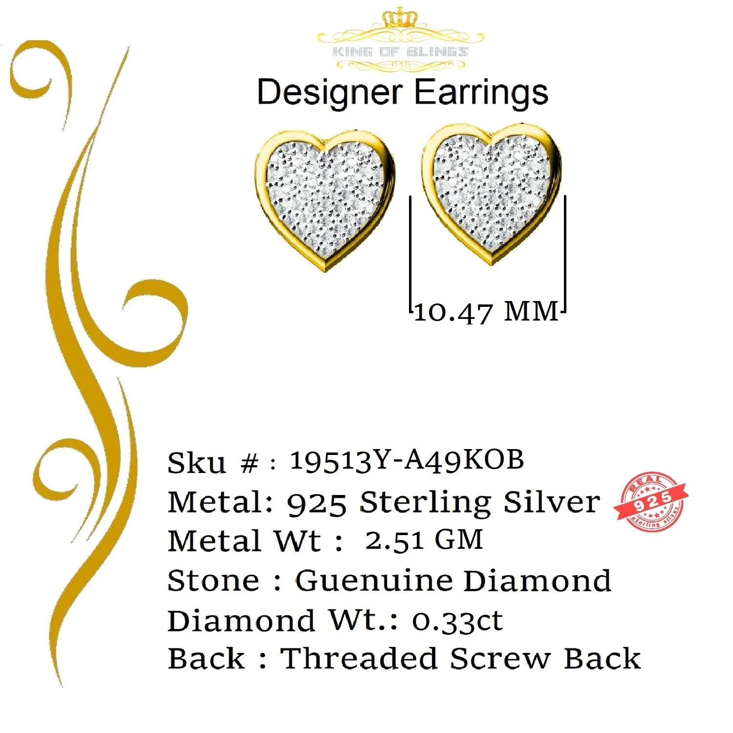 King of Blings-0.33ct Micro Pave 925 Yellow Silver Diamond Heart Earring For Men's / Women's