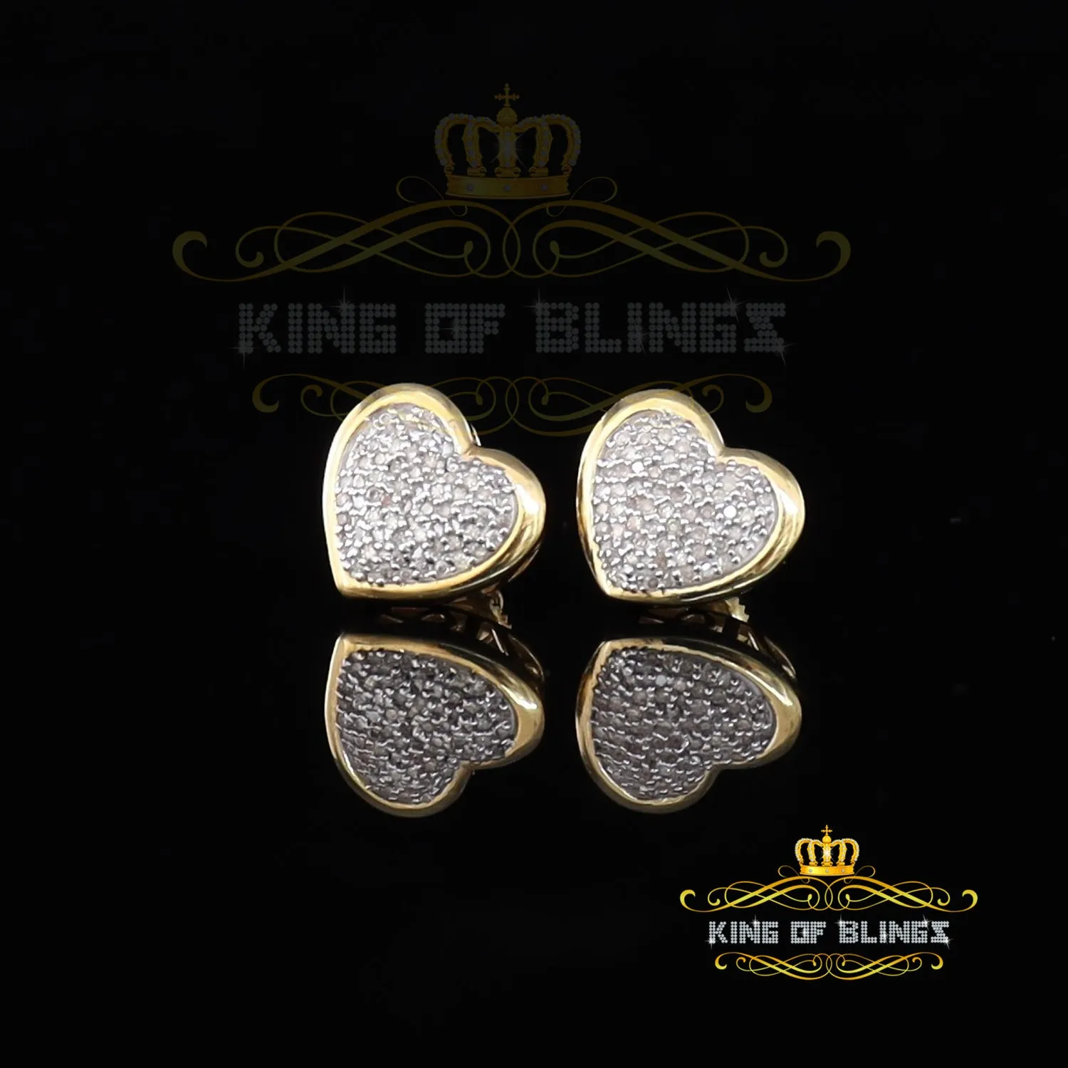 King of Blings-0.33ct Micro Pave 925 Yellow Silver Diamond Heart Earring For Men's / Women's