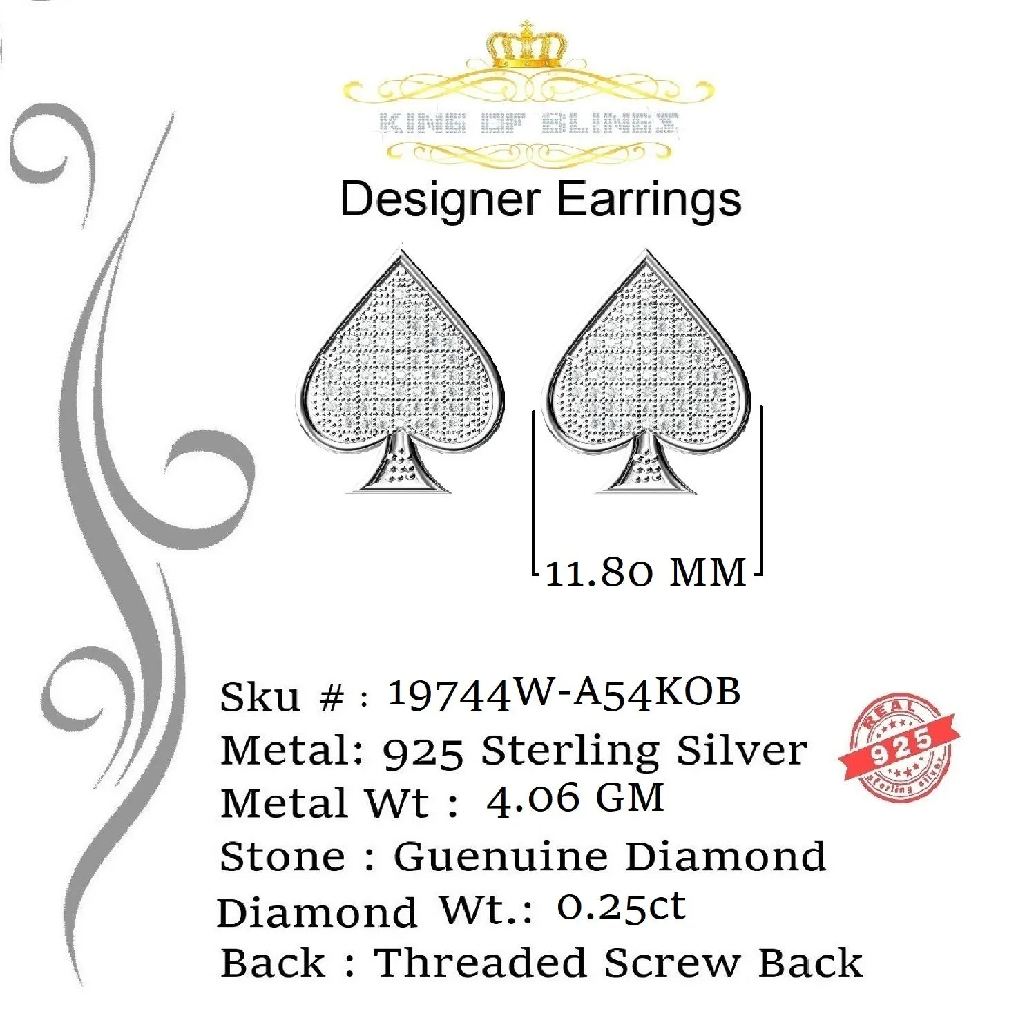 King Of Bling's 925 Sterling Silver White 0.25ct Diamond For Women's / Men's Stud Heart Earring