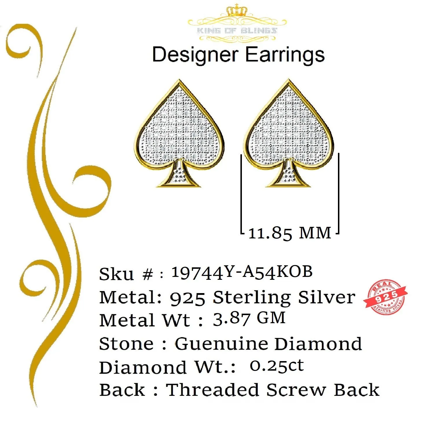 King of Blings-925 Sterling Silver Yellow 0.25ct Diamond For Women's / Men's Stud Heart Earring